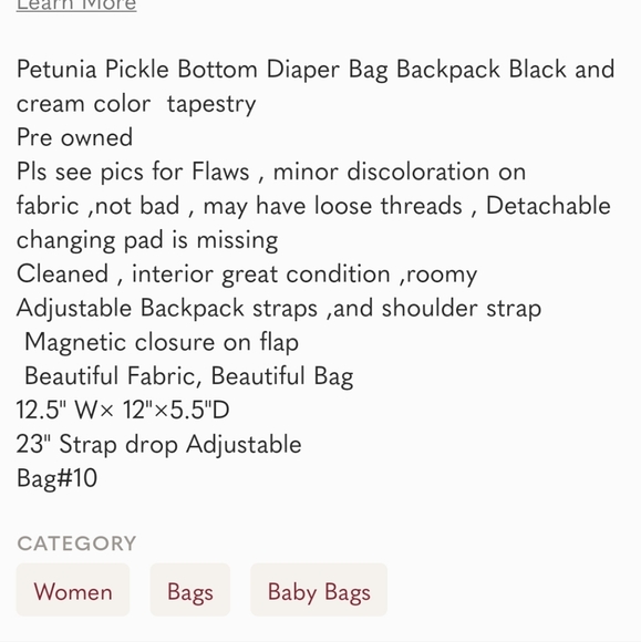 Petunia Pickle Bottom Boxy Diaper bag Backpack Black and Cream Color Tapestry - Picture 7 of 7